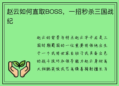 赵云如何直取BOSS，一招秒杀三国战纪